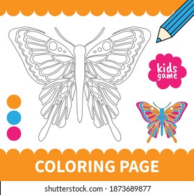 Children board coloring page game for preschoolers and primary school students worksheets,kindergarten.Page for kids educational book.Cute insrct butterfly.Vector cartoon style.