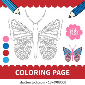 Children board coloring page game for preschoolers and primary school students worksheets,kindergarten.Page for kids educational book.Cute insrct butterfly.Vector cartoon style.