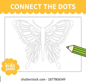 Children board game connect to dotted line for preschoolers and primary school students worksheets,kindergarten.Page for kids educational book.Cute insrct butterfly.Vector cartoon style.