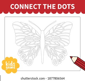 Children board game connect to dotted line for preschoolers and primary school students worksheets,kindergarten.Page for kids educational book.Cute insrct butterfly.Vector cartoon style.