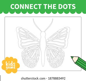 Children board game connect to dotted line for preschoolers and primary school students worksheets,kindergarten.Page for kids educational book.Cute insrct butterfly.Vector cartoon style.