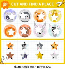 Children board game cut and find for preschoolers and primary school students worksheets.Page read and match for kids educational book.Vector cartoon style.