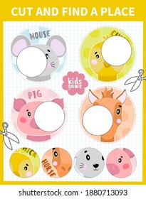 Children board game cut and find for preschoolers and primary school students worksheets.Page read and match for kids educational book.Vector cartoon style.