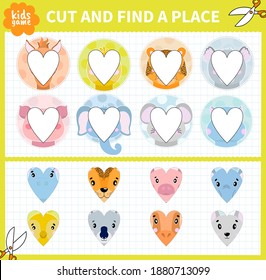 Children board game cut and find for preschoolers and primary school students worksheets.Page read and match for kids educational book.Vector cartoon style.