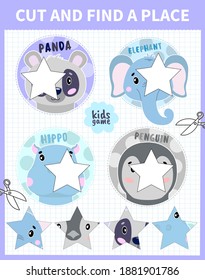 Children board game cut and find for preschoolers and primary school students worksheets.Page read and match for kids educational book.Vector cartoon style.