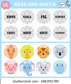 Children board game cut and find for preschoolers and primary school students worksheets.Page read and match for kids educational book.Vector cartoon style.