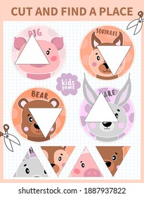 Children board game cut and find for preschoolers and primary school students worksheets.Page read and match for kids educational book.Vector cartoon style.
