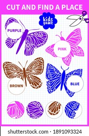 Children board game cut and find for preschoolers and primary school students worksheets.Page read and match for kids educational book.Vector cartoon style.