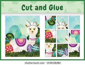 Children board game cut and glue themed easter with a cute alpaca using bunny ears headbands hugging eggs