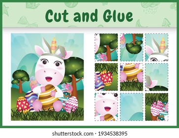 Children board game cut and glue themed easter with a cute unicorn using bunny ears headbands hugging eggs