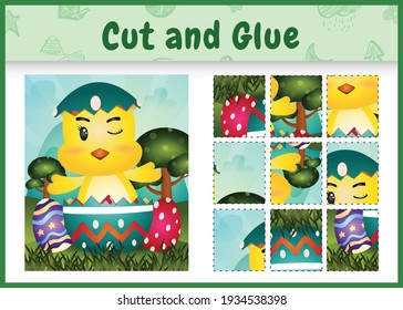 Children board game cut and glue themed easter with a cute chick in the egg
