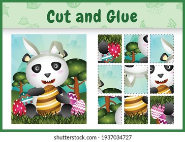 Children board game cut and glue themed easter with a cute panda using bunny ears headbands hugging eggs