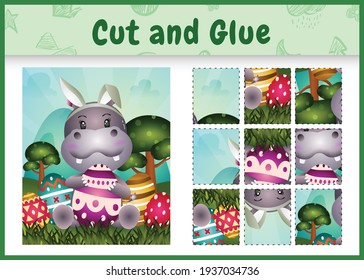 Children board game cut and glue themed easter with a cute hippo using bunny ears headbands hugging eggs