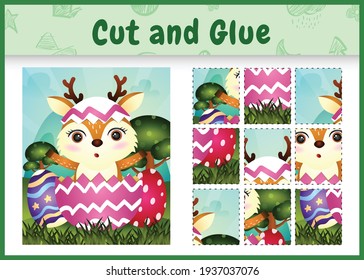 Children board game cut and glue themed easter with a cute deer in the egg