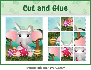 Children board game cut and glue themed easter with a cute elephant using bunny ears headbands hugging eggs
