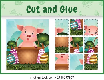 Children board game cut and glue themed easter with a cute pig in the bucket egg