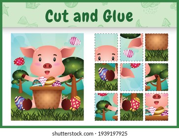 Children board game cut and glue themed easter with a cute pig in the bucket egg