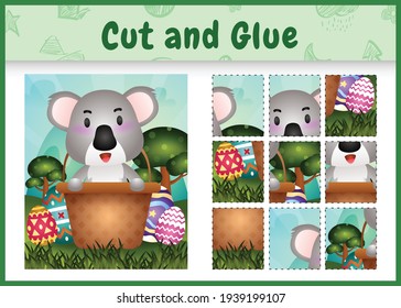 Children board game cut and glue themed easter with a cute koala in the bucket egg