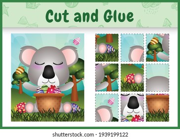 Children board game cut and glue themed easter with a cute koala in the bucket egg