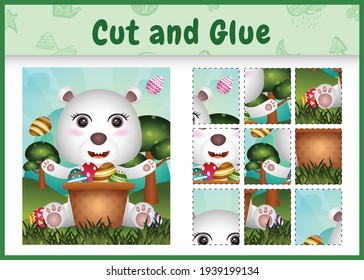 Children board game cut and glue themed easter with a cute polar bear in the bucket egg