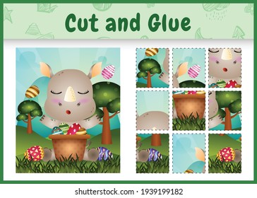 Children board game cut and glue themed easter with a cute rhino in the bucket egg