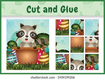 Children board game cut and glue themed easter with a cute raccoon in the bucket egg