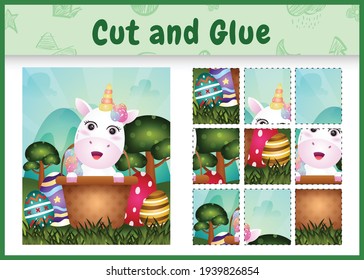 Children board game cut and glue themed easter with a cute unicorn in the bucket egg