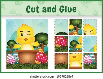 Children board game cut and glue themed easter with a cute chick in the bucket egg