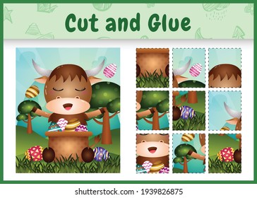 Children board game cut and glue themed easter with a cute buffalo in the bucket egg