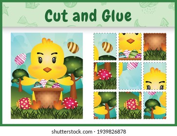 Children board game cut and glue themed easter with a cute chick in the bucket egg