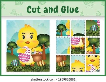 Children board game cut and glue themed easter with a cute chick holding the bucket egg and easter egg