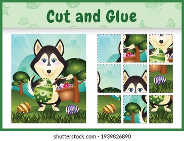 Children board game cut and glue themed easter with a cute husky holding the bucket egg and easter egg