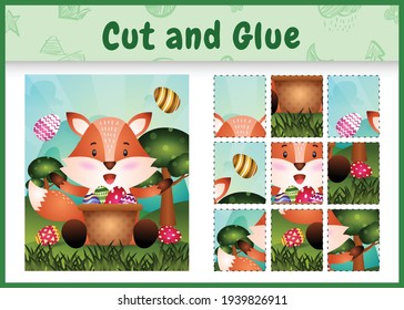 Children board game cut and glue themed easter with a cute fox in the bucket egg