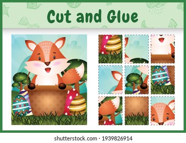 Children board game cut and glue themed easter with a cute fox in the bucket egg