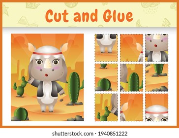 Children board game cut and glue themed easter with a cute rhino using arabic traditional costume