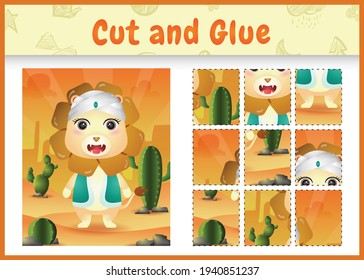 Children board game cut and glue themed easter with a cute lion using arabic traditional costume
