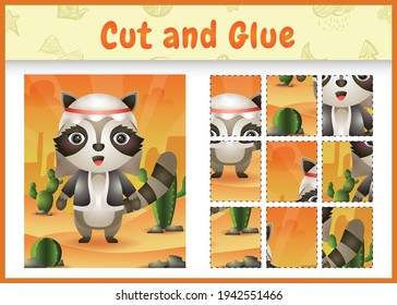Children board game cut and glue themed easter with a cute raccoon using arabic traditional costume