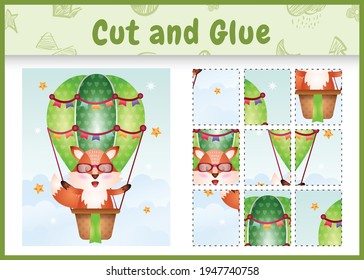 Children board game cut and glue with a cute fox on hot air balloon