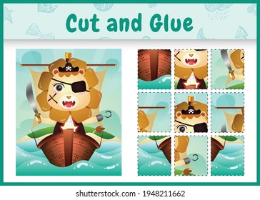 Children board game cut and glue themed easter with a cute pirate lion character illustration on the ship