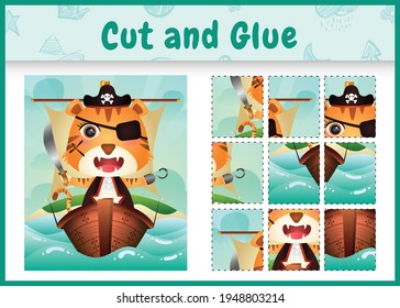 Children board game cut and glue themed easter with a cute pirate tiger character illustration on the ship