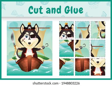 Children board game cut and glue themed easter with a cute pirate husky dog character illustration on the ship
