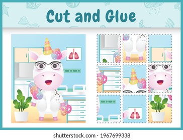 Children board game cut and glue with a cute unicorn doctor character illustration