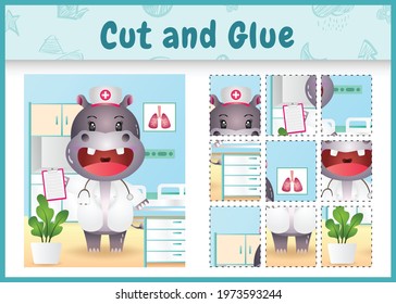 Children board game cut and glue with a cute hippo using costume nurses