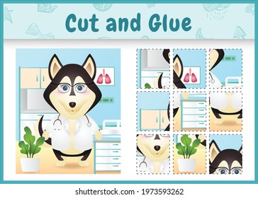 Children board game cut and glue with a cute husky dog doctor character illustration