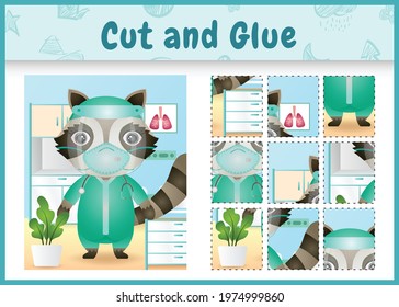 Children board game cut and glue with a cute raccoon using costume medical team