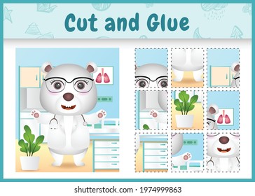 Children board game cut and glue with a cute polar bear doctor character illustration