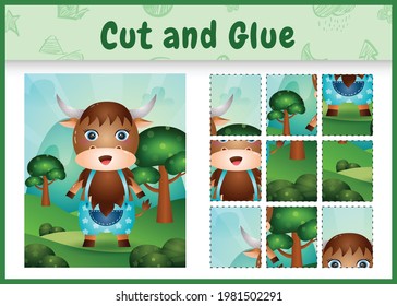 Children board game cut and glue with a cute buffalo using pants