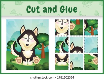 Children board game cut and glue with a cute husky dog