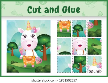 Children board game cut and glue with a cute unicorn using pants