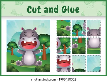 Children board game cut and glue with a cute hippo